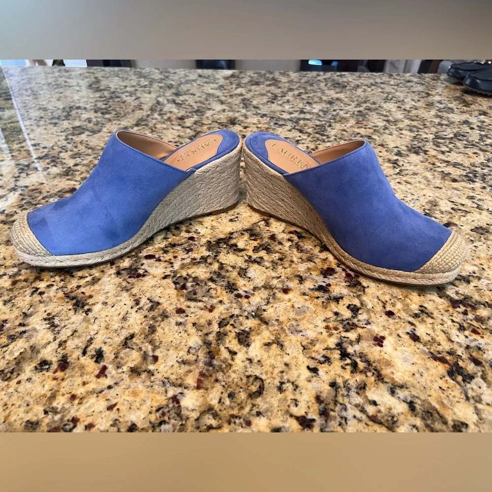 NIB Lauren Ralph Lauren Pennie Blue Suede Slip-on Espadrille Wedge Mules Size 7